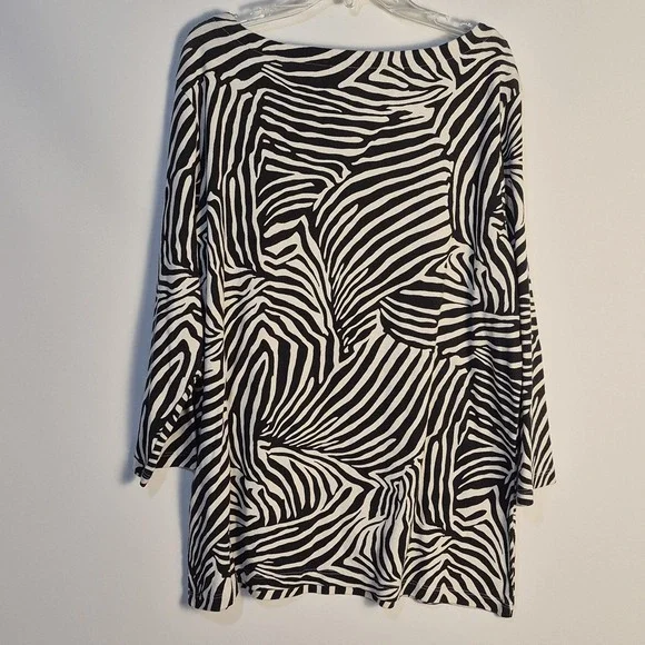 CHICO'S NWT 3 Black White Zebra Print Top 100% Cotton 3/4 Sleeve Tunic Blouse - Picture 2 of 7